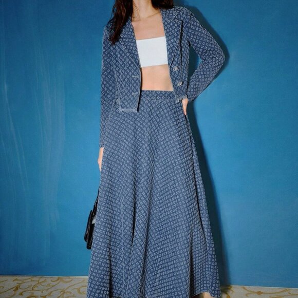 Blue Elegant Womens Denim Jacquard Lapel Collar Raw Edge Jacket & Maxi Skirt Set - Picture 7 of 7